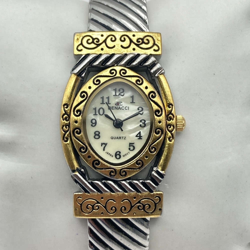 Denacci Women Watch 25mm Silver Gold Two Tone Oval MOP Cuff New Battery SMALL 6"